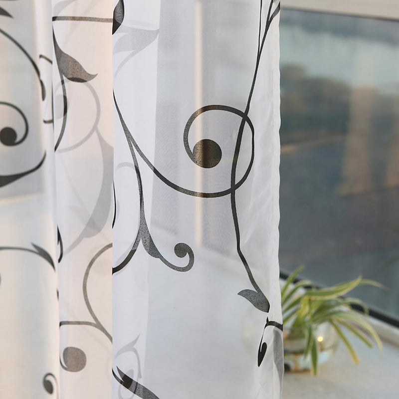 Transparent Voile Floral Print Curtains Bedroom Window Door Curtain (Black)