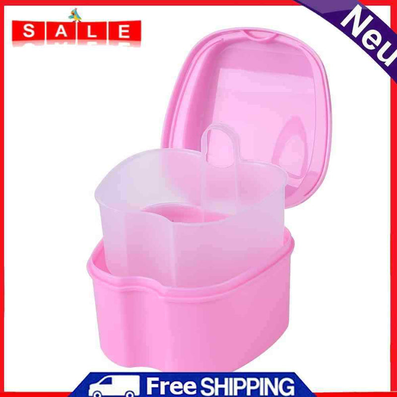 Dental False Teeth Storage Box with Hanging Net Container Organizer (Pink)