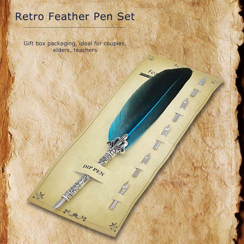 Calligraphy Feather Dip Pen with 5 Nib Writing Ink Quill Fountain Pen Retro