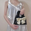 Fashion Women Casual Pleated PU Contrast Color Bowknot Small Tote Purse Handbags