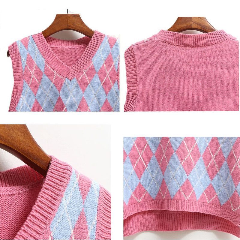 Y2K Preppy Style V Neck Knitwear top Plaid Knitted Sweater Vest Sleeveless