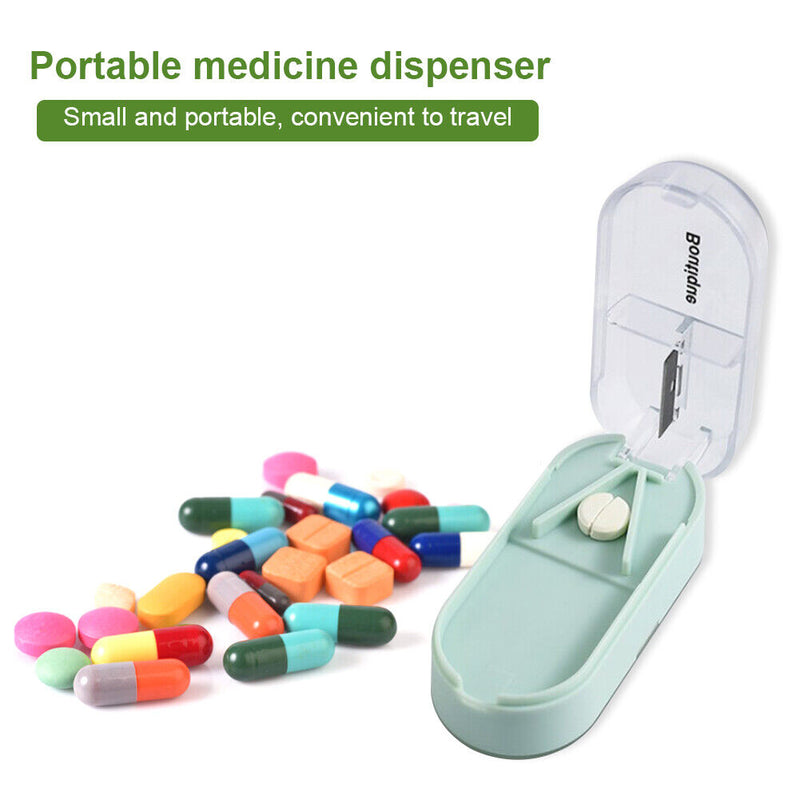 Portable Medicine Organizer Case Rectangular Pill Cutter Storage Box Containe