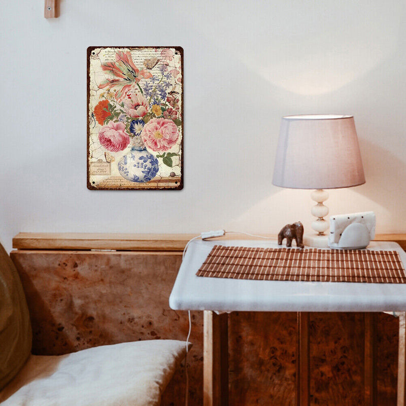 Porcelain Vase Flowers Metal Plate Tin Sign Plaque for Bar Pub Club Cafe