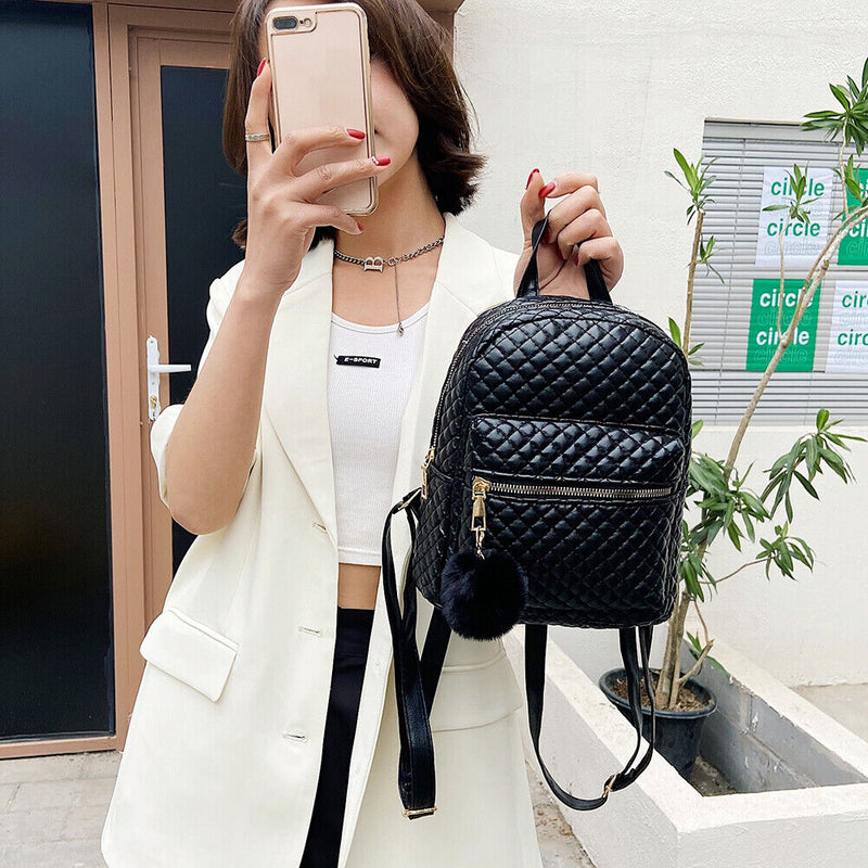 Fashion Women Lattice Pattern PU Pure Color Backpack Casual Ladies Small Handbag