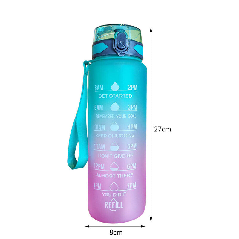 1000ml Sports Water Bottle Time Marker Outdoor Portable Cups (Green Lid) Newly