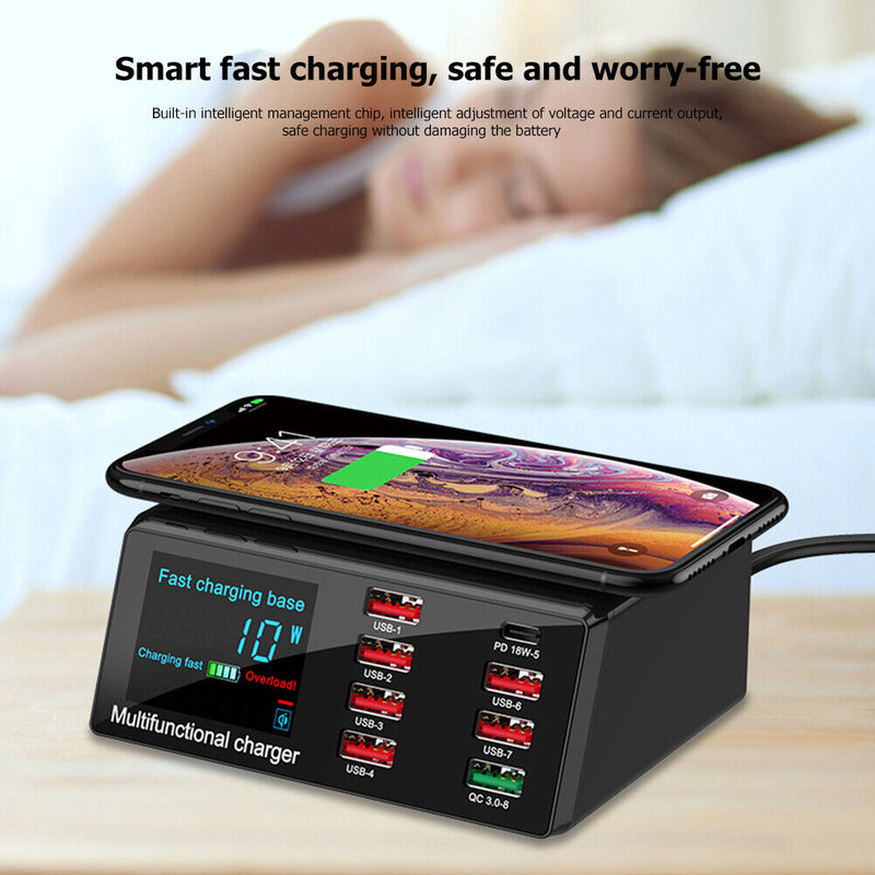 X9 8 Port USB Charger Hub Wireless Charger PD QC3.0 Charging Station (EU) Newly