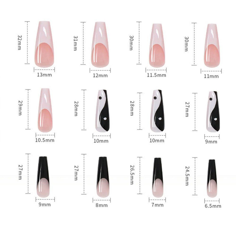 with Taichi Design Long Coffin False Nail Tips White and Black Mixed Colors