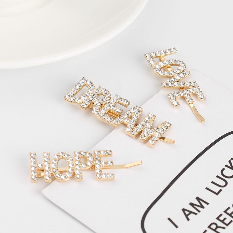 Women Beauty Crystal Hairpins Hair Clips Letter Barrettes Rhinestone Headwear