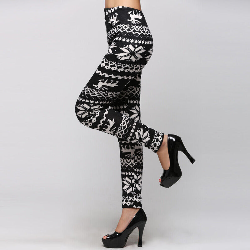 Charming Cotton Blend Snowflakes Fawn Leggings Long Ninth Pants Tights