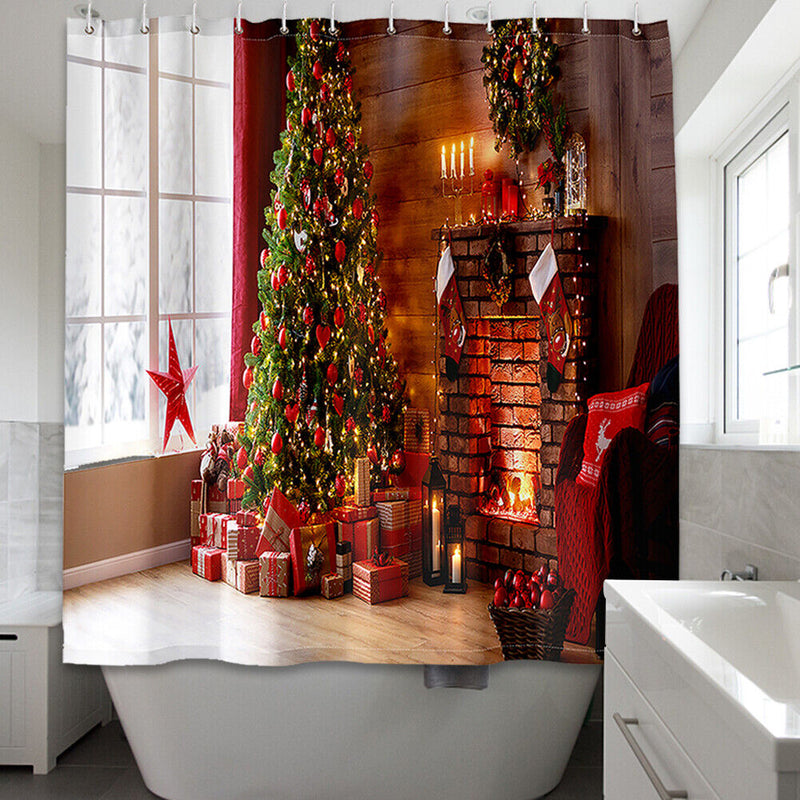 Christmas Tree Gift Printed Shower Curtain Waterproof Hook Hanging Bath Cover