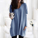 Long Sleeves Tops Women Loose V-neck Long T-shirt Solid Color Pocket Blouses