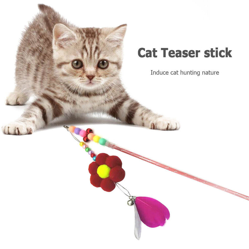 Feather Bell Flower Chaser Wand Fun Kitten Cat Teaser Rod Interactive Stick T