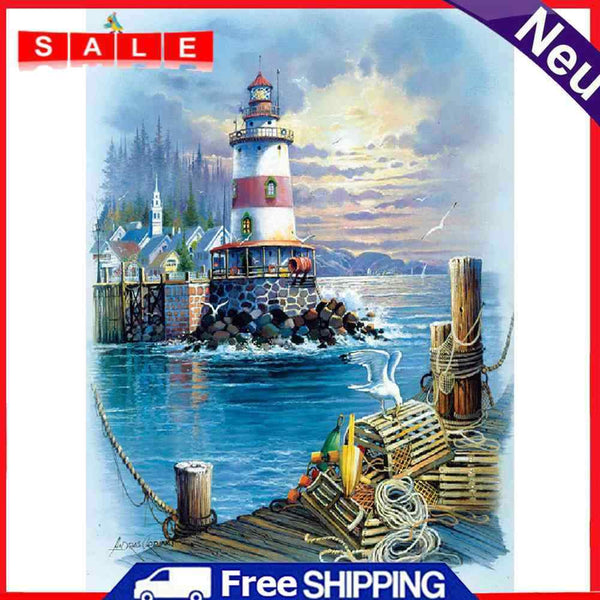 5D Full Round Drill DIY Seaside Light Tower Rhinestone Mosaic Diamond Painting