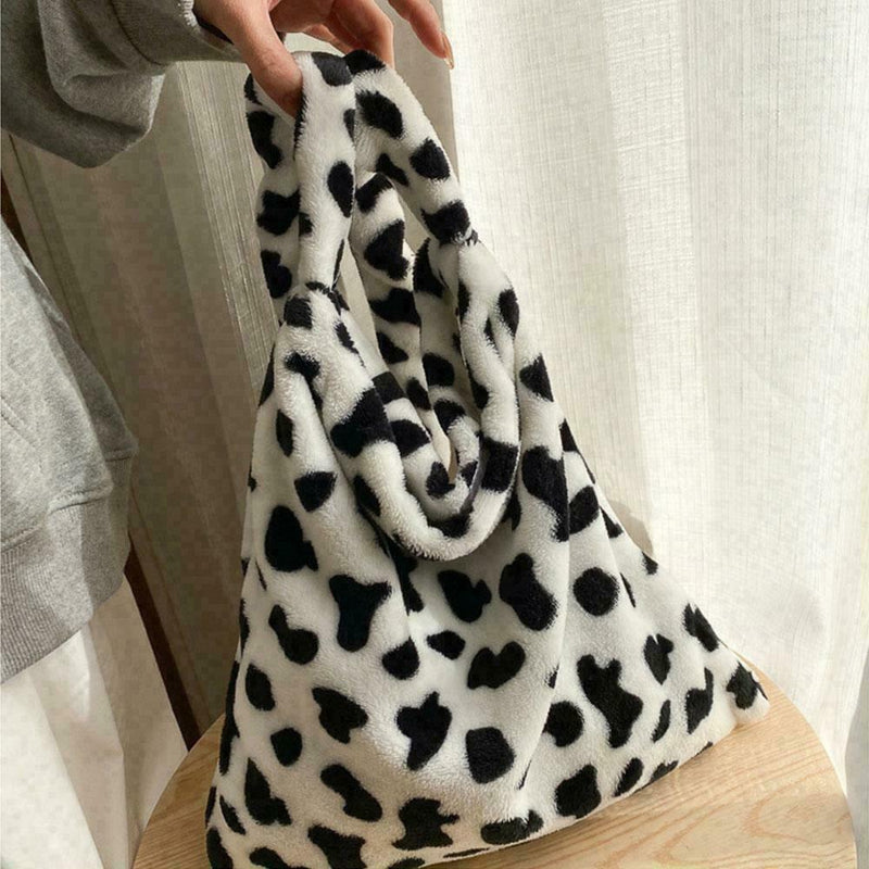 1*Retro Cow Print Plush Women Fashion Big Capacity Shoulder V3J3 Handbag Z5X0