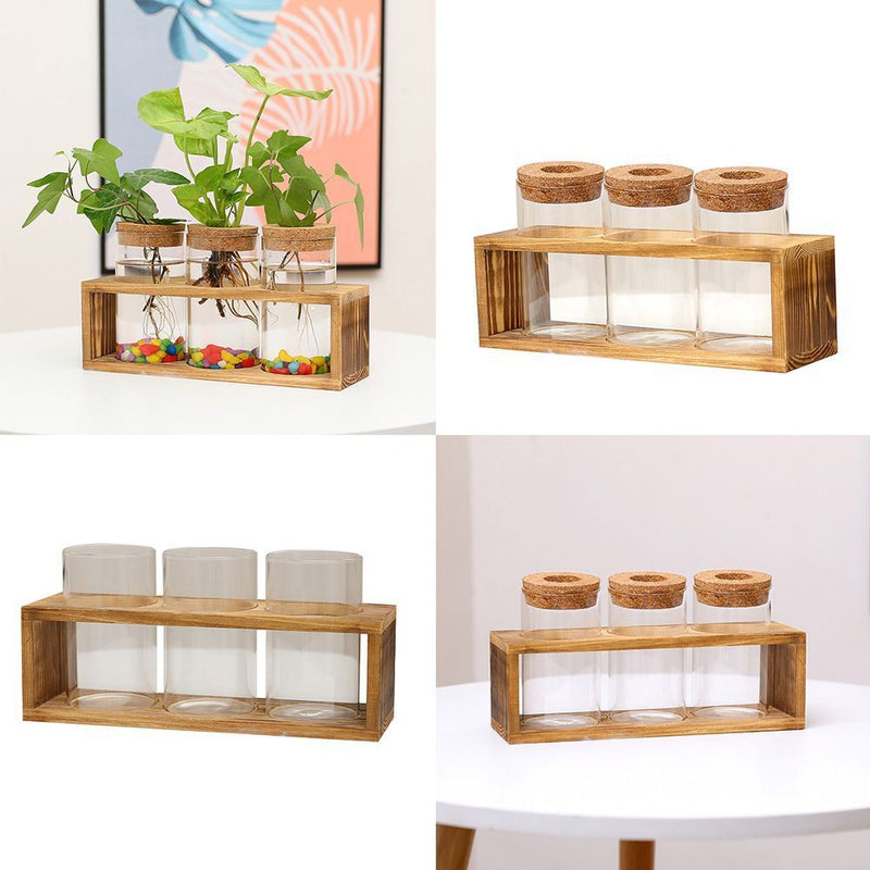 Wooden Frame Glass Vase Flower Arrangement Plant Flower Pot Hydroponic Vase
