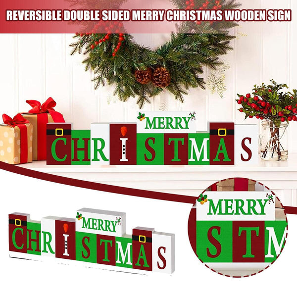 Merry Christmas Decorations Wooden Sign (Reversible Table Decor)#