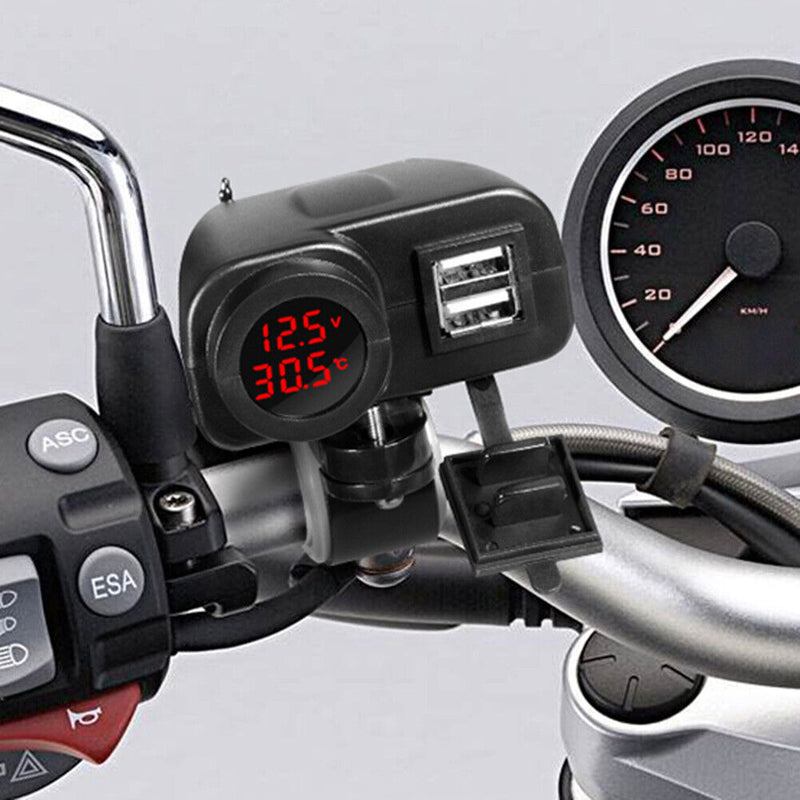 Dual USB Charger Motorcycle Handlebar Power Adapter with Voltmeter Thermome