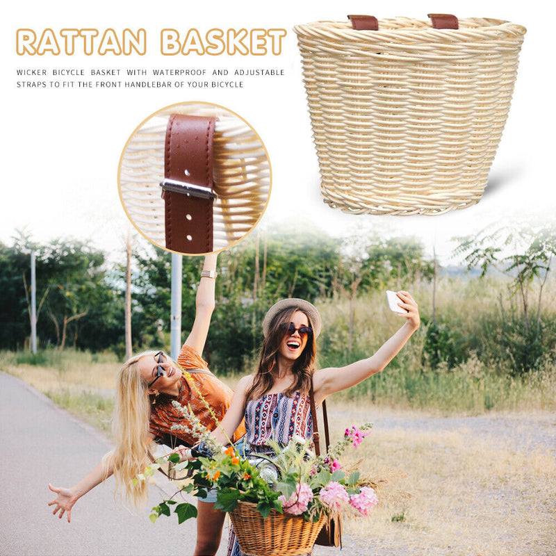 Kids Bike Basket Women Students Bicycle Rattan Weaving Front Basket (Beige)