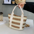 Fashion Straw Striped Women Handbags Woven Beach Tote Shopper Purse (Khaki)