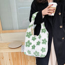 Female Fluffy Fashion Flower Pattern Handbag Winter Mobile Phone Top-Handle Bag