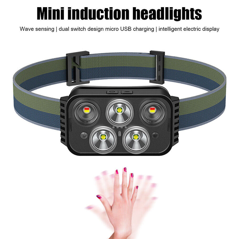 Induction LED Headlamp 500lm 7 Modes Outdoor Camping Head Flashlight Black