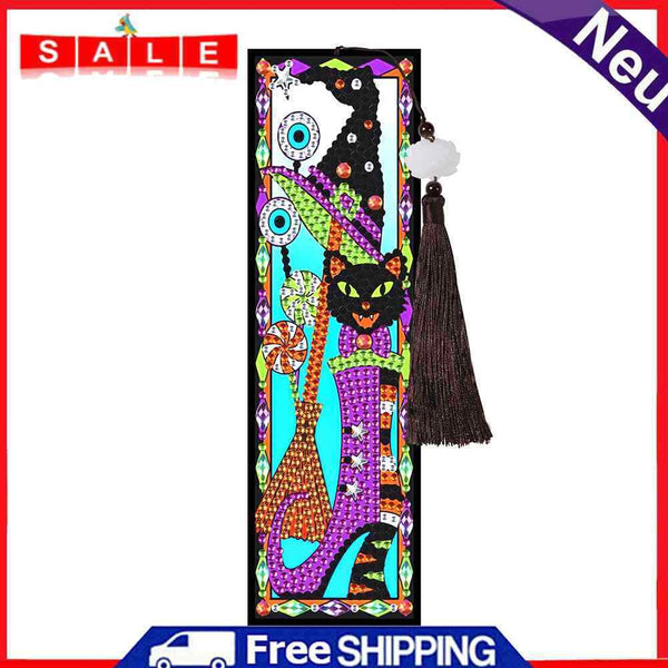 5D DIY Special Shape Drill Witch Cat Bookmark Tassels Rhinestone Mark Handcraft