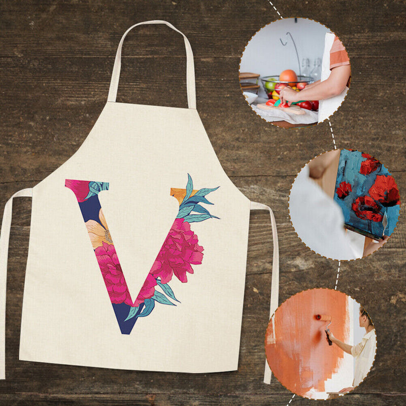 Flower V Printed Linen Apron Waterproof Kitchen Cooking Bibs (82X68CM)