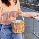 Beading Chain Small Straw Bucket Shoulder Bags Women Rattan Beach Mini Handbags