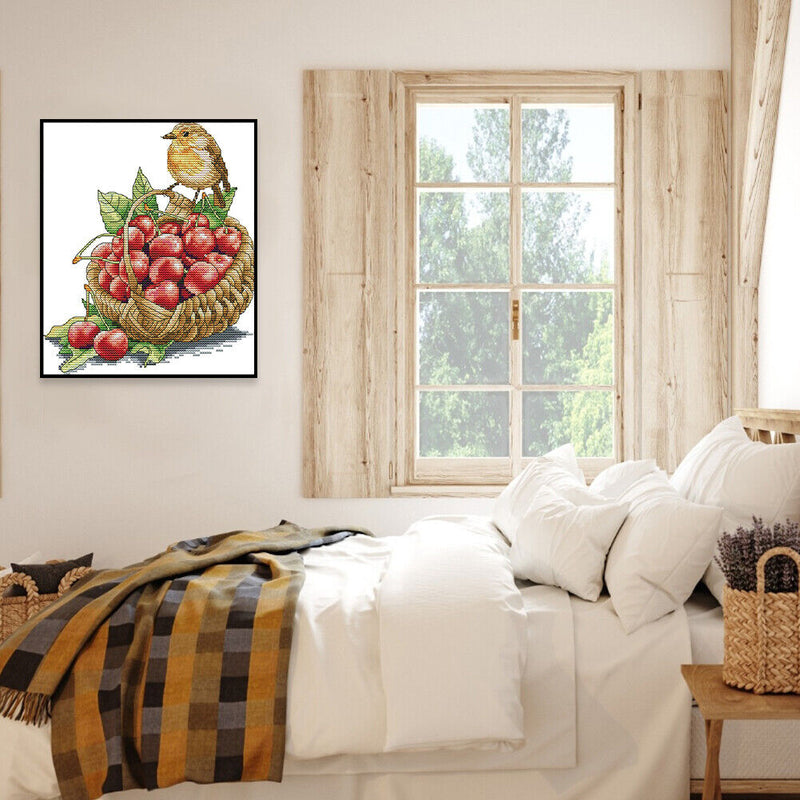 14CT Printed Partial Cross Stitch Handcraft Bird Cherry Artwork Wall Decor