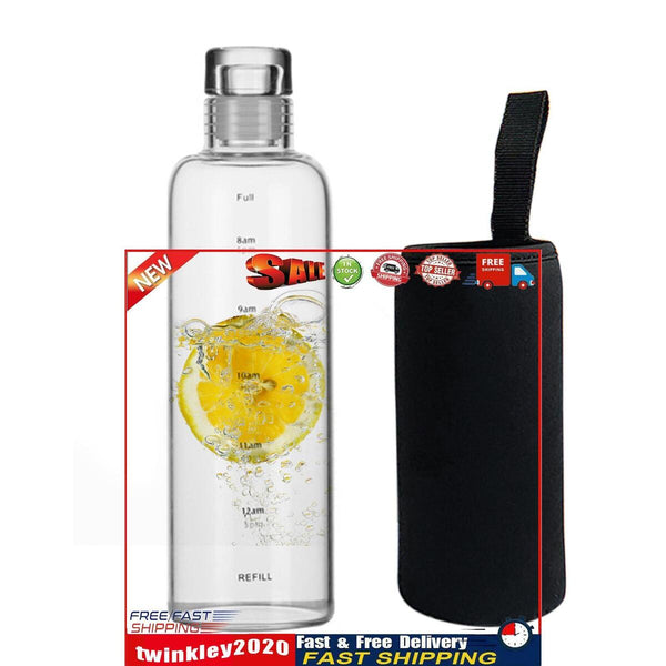 Motivational Glass Water Bottle Time Marker & Leakproof Design (500ml) Newly