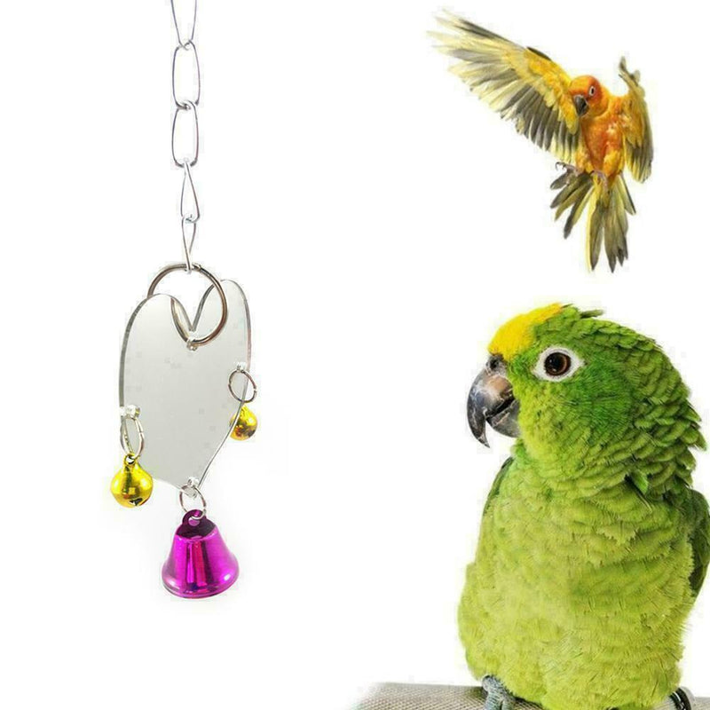 Pet Parrot Bird Heart Shape Mirror Toys Bell Swing Hanging D1C3 Cage M4A9