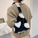 Retro Women Plush Leopard Shoulder Bag Autumn Winter Handbags (White Heart)