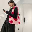 Women Love Heart Print Plush Shoulder Bag Fashion Winter Large Capacity Handbags