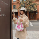Women Soft Warm Plush Heart Pattern Handbags Female Travel Fluffy Underarm Bags