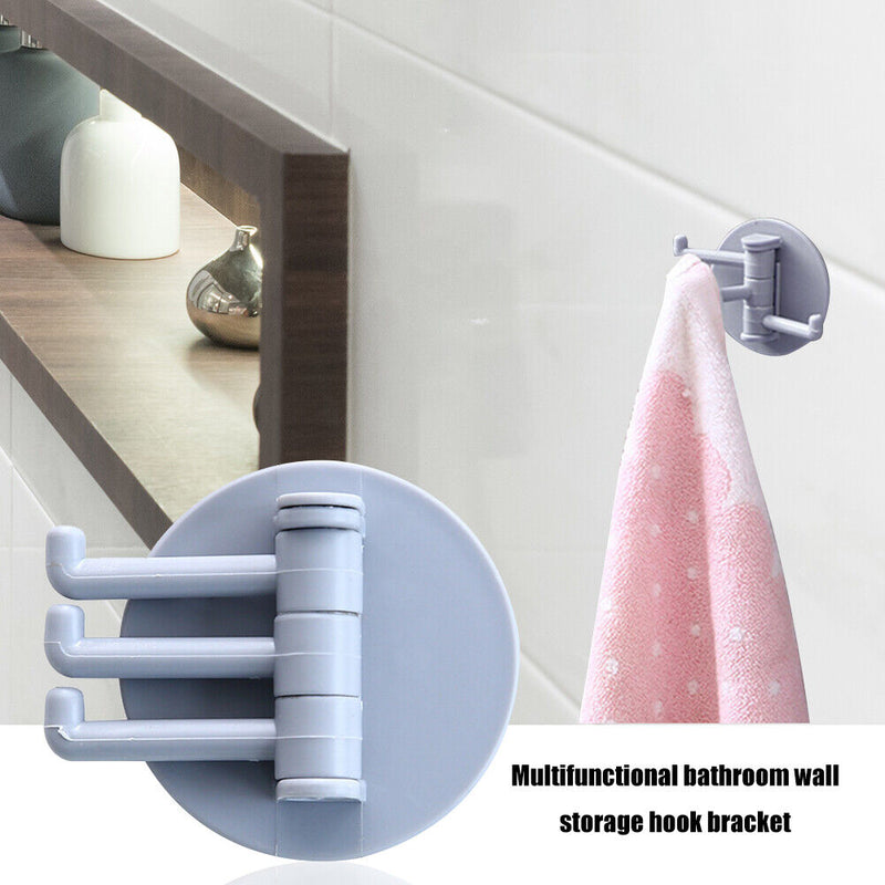 Bathroom Wall Hanging Rotatable 3 Hooks Adhesive Bracket Holder (Grey) Newly