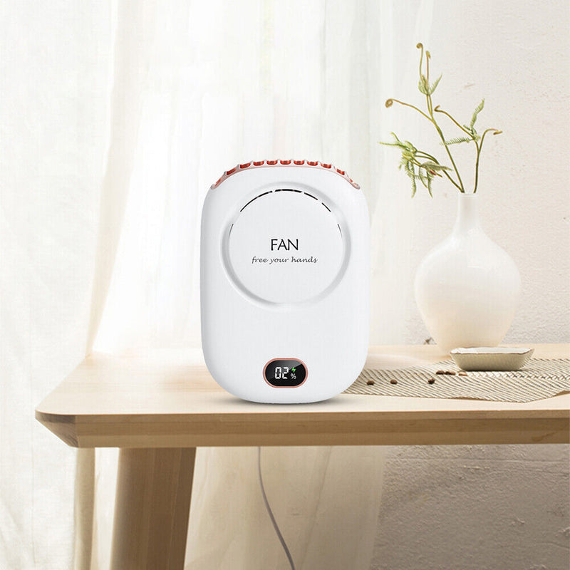 Digital Silent Cooling Fan Leafless Travel Personal Wearable Fans (White)