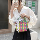 Handmade Woven Plaid Basket Tote Women Silk Scarf Small Handbag (Green)