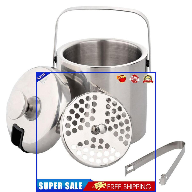 Double Wall Ice Bucket Insulated Stainless Steel with Tongs Strainer (3.2L)