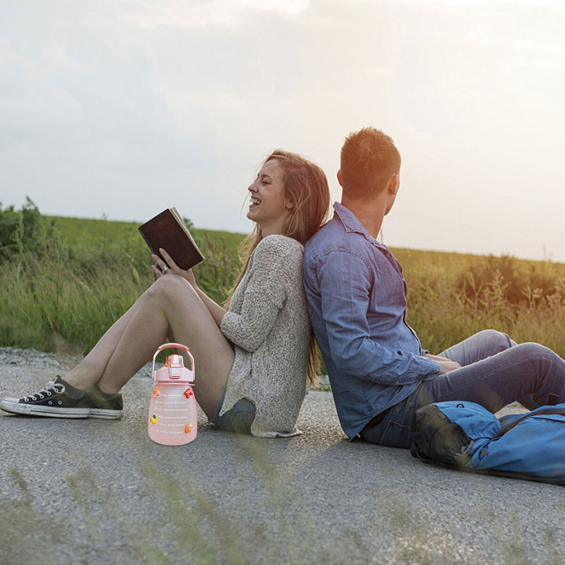 Water Bottle - Sports Water Bottle with Times to Drink Large-Capacity Straw Cup