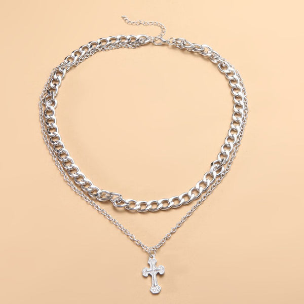 Women Men Clavicle Chain Double-layer Cross Pendant Necklace Cross Shape