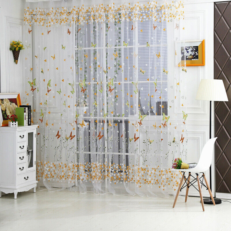 Butterfly Floral Tulle Voile Window Curtain Drape Panel (Green 100X270cm