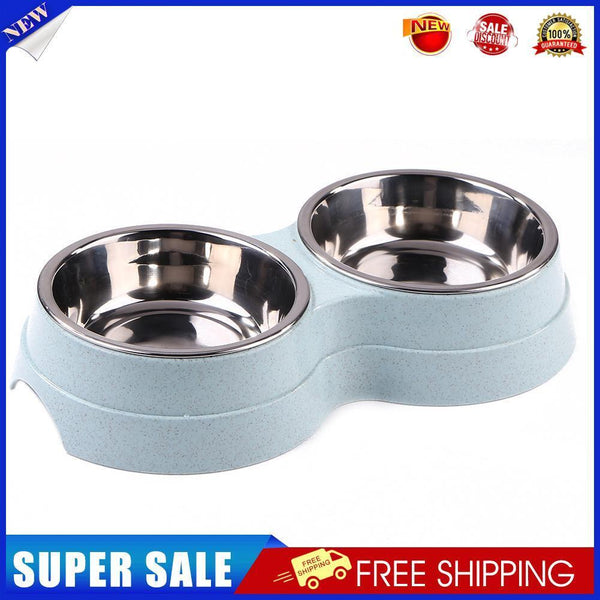 Dog Double Bowl Puppy Food Feeder Stainless Steel Pets Drinking Dish (Blue)