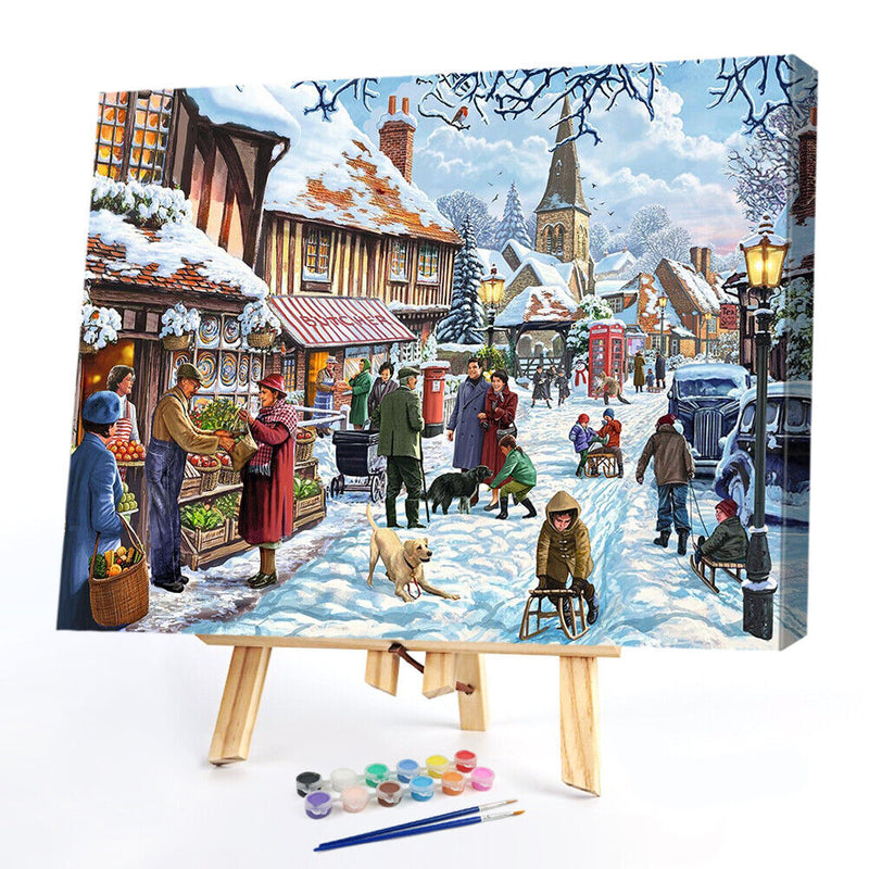 Oil Paint By Numbers Winter Street Frameless Picture Craft Kit for Living Room