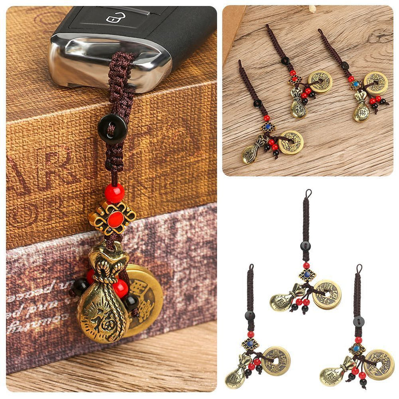 Emperors Coins Lucky Wealth Pendant Keyring Money Bag Keychain Brass Chinese