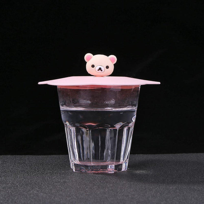 5pcs Silicone Cup Cover Heat-resistant Leak Proof Cartoon Lid(Pink Head)