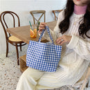Women Portable Cloth Shopping Handbag Simple Plaid Picnic Large Capacity Tote
