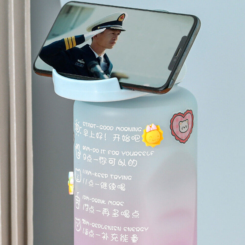 2000ml Water Bottle Sports Leakproof Time Marker Drinking Cup (Blue Purple)