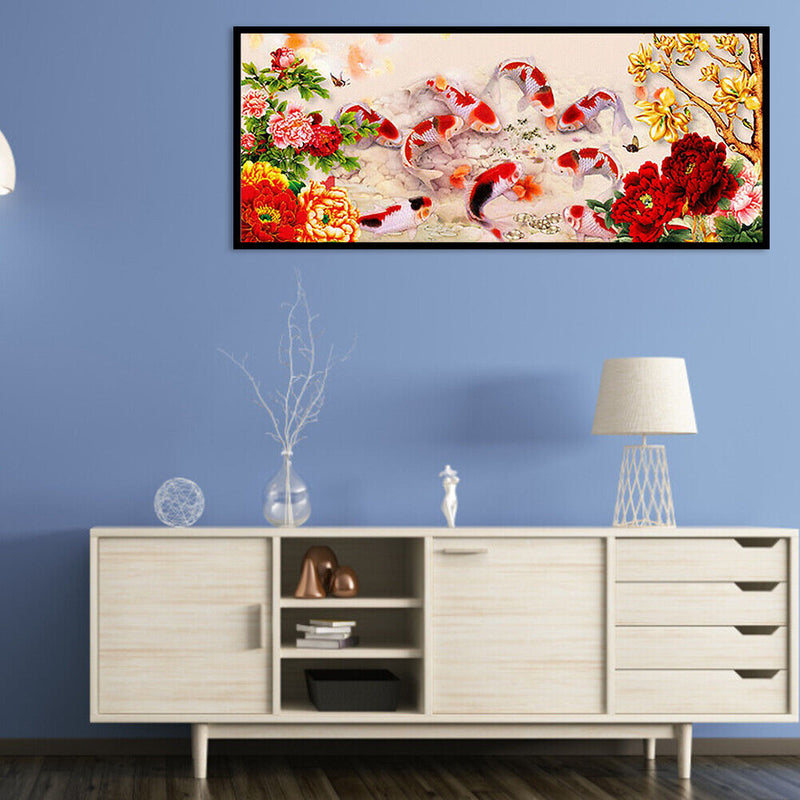 Full Embroidery DIY Canvas Print 11CT Cross Stitch Flowers Fishes Wall Decor Kit