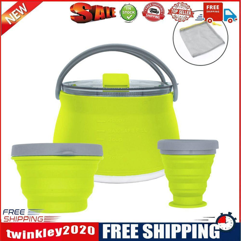 3pcs Silicone Folding Kettle Cup Set Portable Collapsible Tableware (Green)