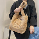 Cute Little Bear Print Large Handbag Women Autumn Winter Soft Plush Shopping Bag